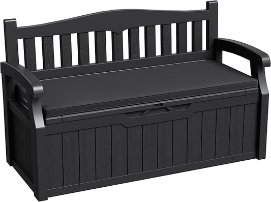 Greesum 80 Gallon Outdoor Storage Bench Deck Box with Cushion & Armrest, Lockable, Waterproof UV Resistant, Comfortable Seating for Patio, Pool, Garden, Black BuynowfromGreesum