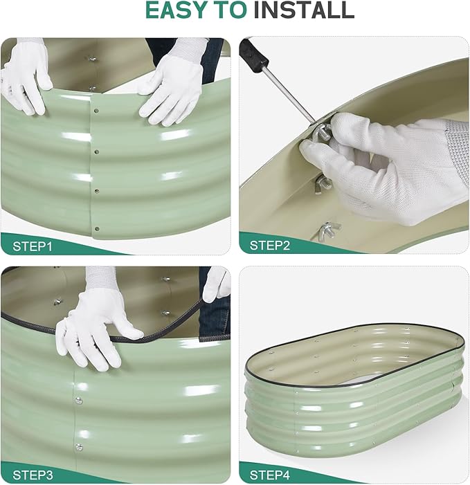 Galvanized Raised Garden Bed - 4×2×1ft (2 Packs) Planter Raised Beds for Gardening | Oval Metal Garden Planter Box with Safety Edging and Gloves for Vegetables Fruits Flower - AvocadoGreen BIRDSINYARD