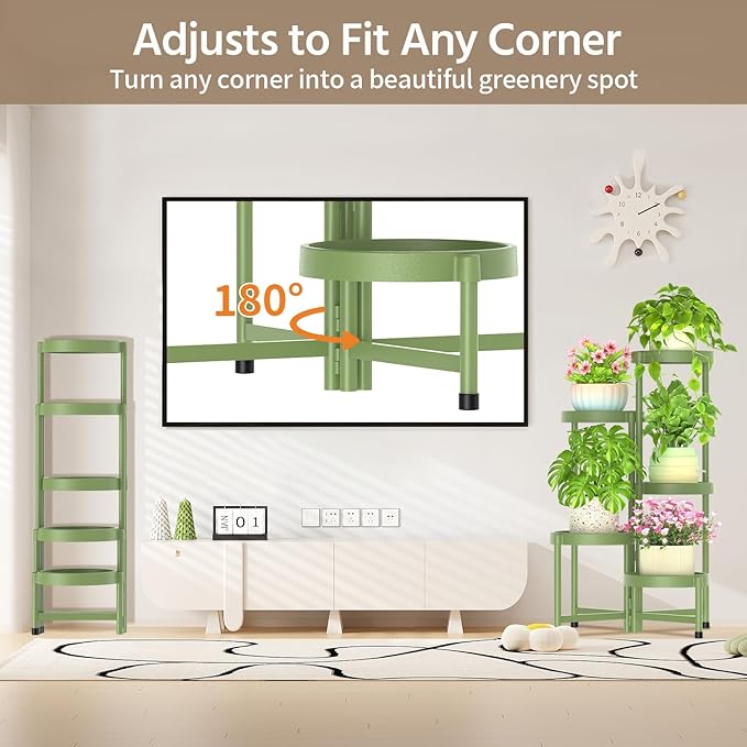 LASZOLA 5 Tiered Folding Plant Stand Indoor for Multiple Large Planter, Tall Heavy Duty Adjustable Rack with Rust Proof Plastic Shelving, Sturdy Vertical Tree Organizer for Narrow Inside Floor, Green LASZOLA