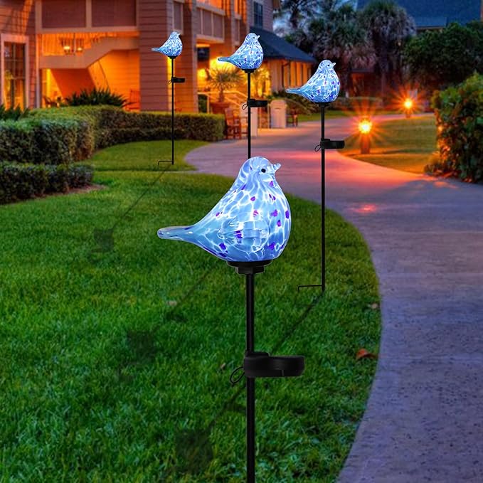 Bshine Solar Garden Decoration Outdoor Bluebird Lights, Hand Blown Glass Waterproof Solar Light Stake Decorate Paths, Pathways, Lawns and Yards Art for Mom Gifts Bshine