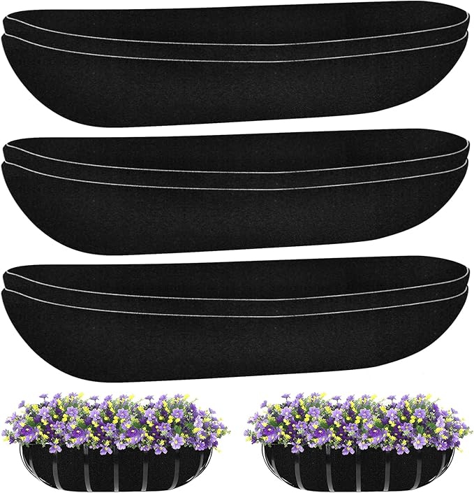 Riare 6 Pack 36 Inch Black Felt Window Box Liners- Fabric Trough Planter Basket Liners Replacement, Non-Woven Hanging Plant Liner for Wall Hanging Basket, Garden Fence Railing (Avoid Bird Nesting) Riare