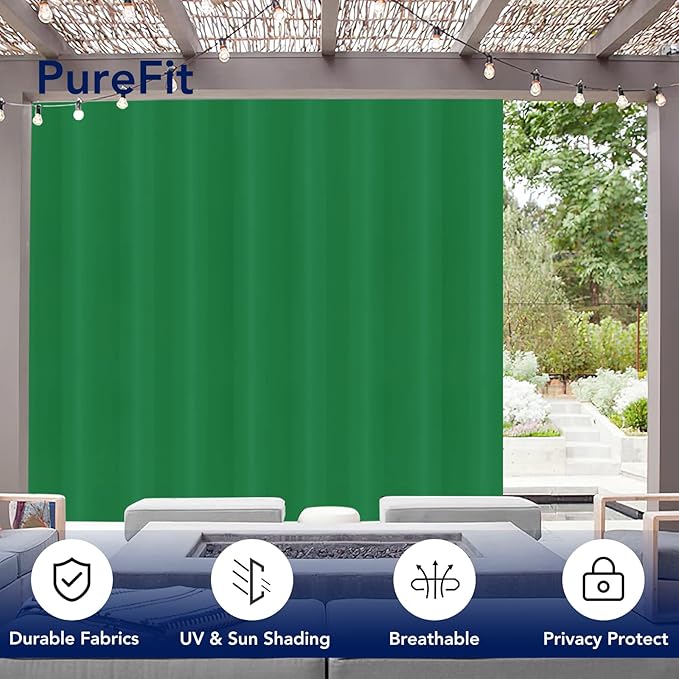 PureFit Outdoor Curtains for Patio Waterproof Weatherproof, UV Resistant Outside Curtains for Gazebo, Front Porch, Pergola, Sun Blocking Privacy Curtain, 120W x 108L inch, 1 Panel, Green PureFit