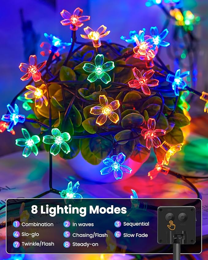 Brightown 2 Pack Total 52FT 120 LED Flower Solar String Lights Outdoor Waterproof Fairy Lights for Garden Yard Fence Patio Christmas Tree Wedding Party Decor, Multicolor Brightown