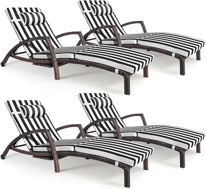 Chaise Lounge Chairs Outdoor Set of 4, Comfy Outside Wicker Patio Pool Lounge Chair w/ 5 Adjustable Back Angle, Cup Holder, Thicken Cushion ZZWHOM