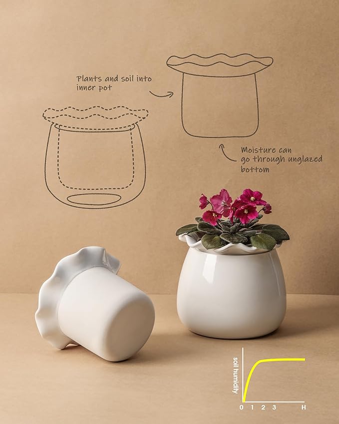Self Watering Plant Pot, 6 Inch African Violet Pots Maintenance, Ceramic Self-Watering Planter for Indoor Plants - Ideal Flower Pot for Thriving Indoor Gardens, White FayoulasGarden