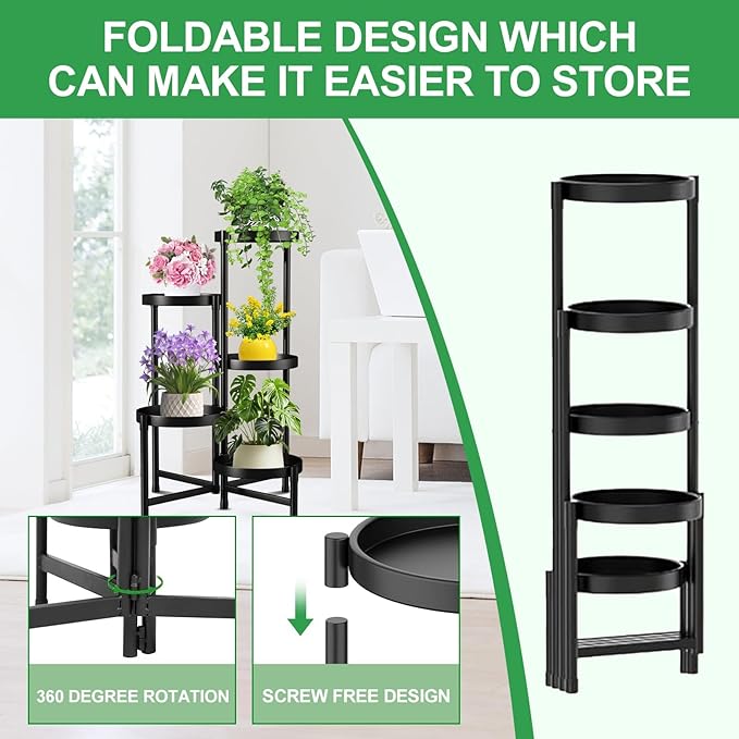 Plant Stand Indoor Outdoor 5 Tier Black Metal Plant Holder 31 in Tall 9 in Wide,Tiered Flower Pot Display Stand,Multiple Plant Stand for Living Room Corner Garden Patio Lawn Balcony Atpddpey