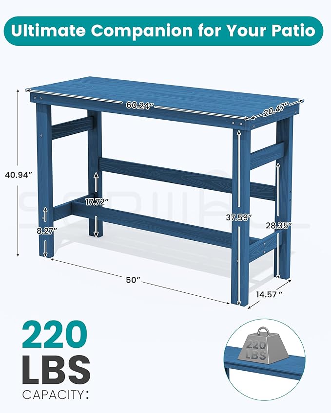 SERWALL 41" Outdoor Bar Table, HDPE Patio Bar Counter Height Table, All Weather Adirondack Outdoor Bar Height Table, Rectangle Patio Bar Table for Outside, Garden, Backyard, Balcony, Poolside, Blue SERWALL