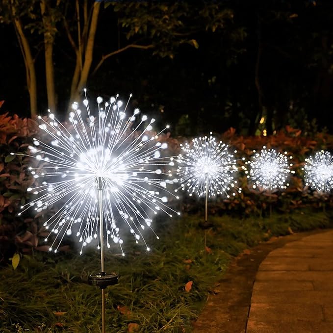 JJGoo Solar Firework Lights, 2 Pack 135 LEDs 2 Lighting Modes Solar Lights Outdoor Waterproof for Garden Patio Walkway Pathway Party Wedding Christmas Decorative - White JJGoo