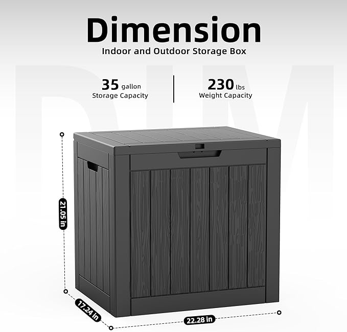 35 Gallon Outdoor Deck Box, Lockable Waterproof Outdoor Storage Boxes For Garden Tools,Indoor Cushions,Accessories Outside Storage Resin Weatherproof Container(Black) MAIUSCOLI