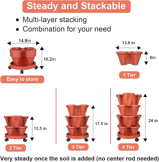 GameXcel Vertical Planter 4 Tier Stackable Planters Garden Planters Strawberry Herb Flower and Vegetable Planter Indoor Outdoor Gardening Pots with Removable Wheels and Tools GameXcel