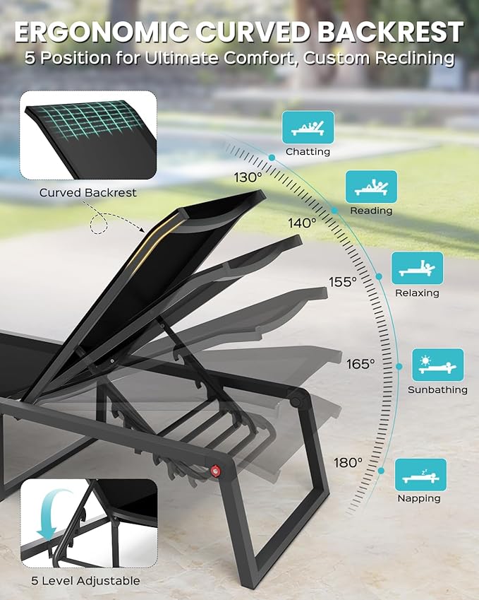 Aluminum Chaise Lounge Chair Outdoor, Foldable & Assembly Free Patio Pool Lounge Chairs 5-Position Recliner for Outside Poolside, Fully Grounded Legs Sun Lounger for Beach, Yard, Black Oasbira