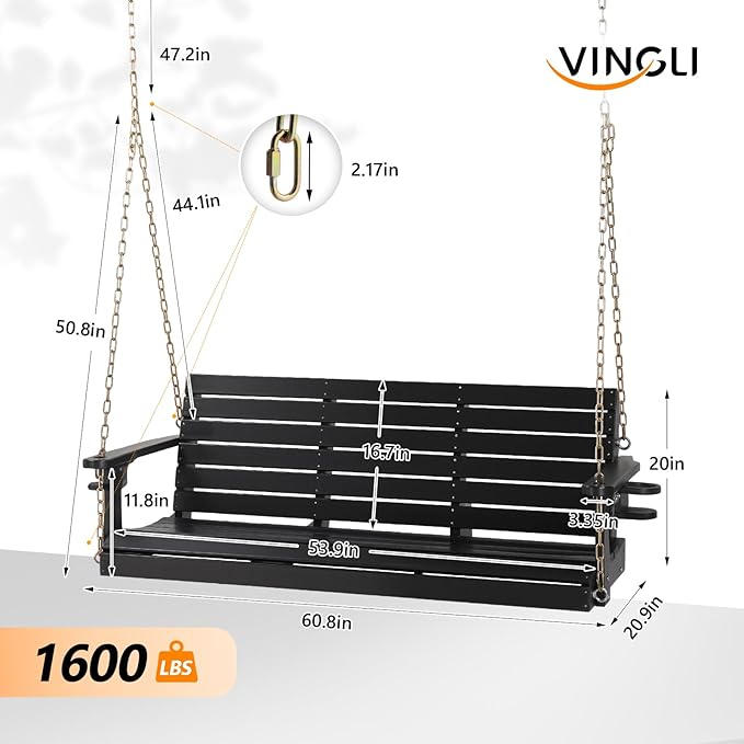 VINGLI Heavy Duty 1600 LBS HDPE Porch Swing Outdoor with Rotatable Cup Holder, 5 FT Patio Bench Swing with Adjustable Chains, 3 Person Hanging Porch Swing Chair for Porch, Yard, Tree, Garden - Black VINGLI