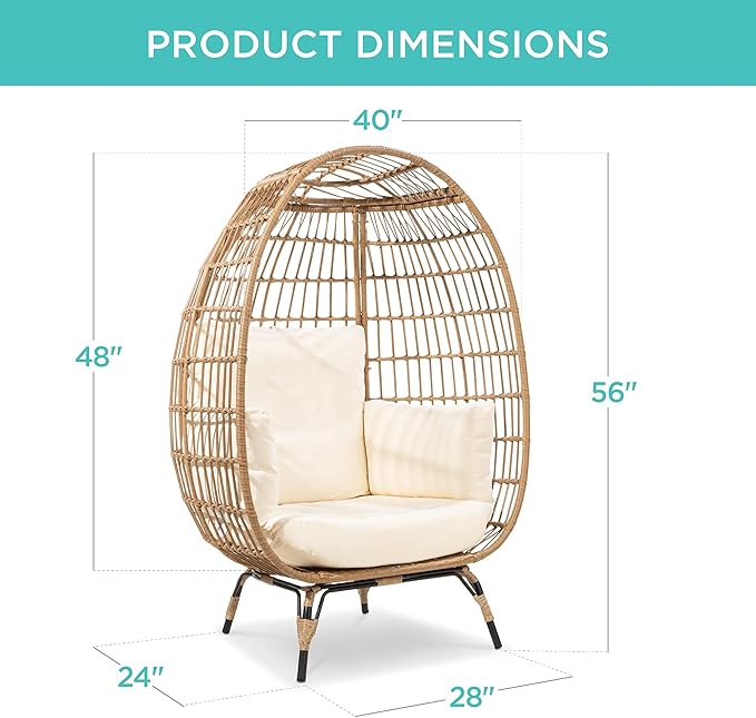 Best Choice Products Wicker Egg Chair, Oversized Indoor Outdoor Lounger for Patio, Backyard, Living Room w/ 4 Cushions, Steel Frame, 440lb Capacity - Ivory BestChoiceProducts