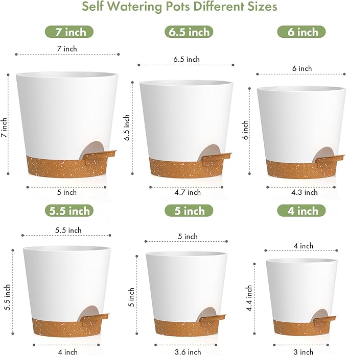 7/6.5/6/5.5/5/4 inch Self Watering Pots for Indoor Outdoor Plants, 6 Pack Plastic Flower Planters with Drainage Holes and Removable Saucers, Plant Pots with Wicking Rope, White Brown WSMKSZ