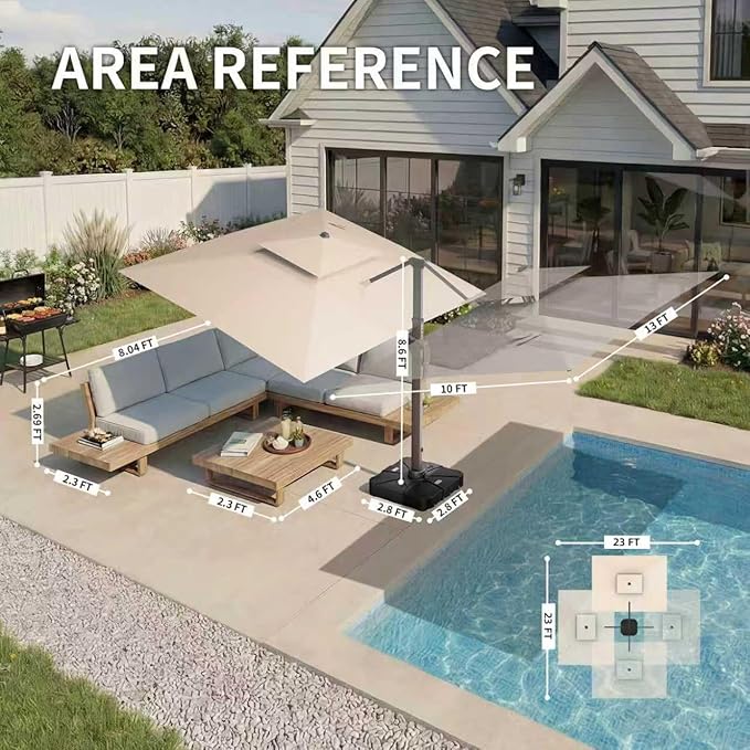 10 X 13 FT Cantilever Patio Umbrella with LED Lights Outdoor Heavy Duty Double Top Windproof Rectangle Offset Umbrellas with 360-degree Rotation for Pool Deck Backyard, Beige Ombrellon