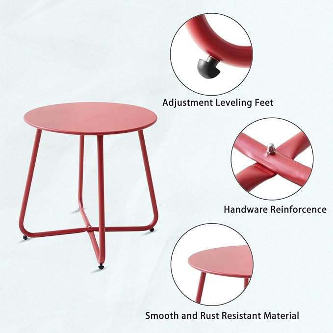 Patio Small Side Table Waterproof Round Metal Steel Weather Resistant Portable Outdoor and Indoor End Table for Garden Balcony Yard, Red Meluvici