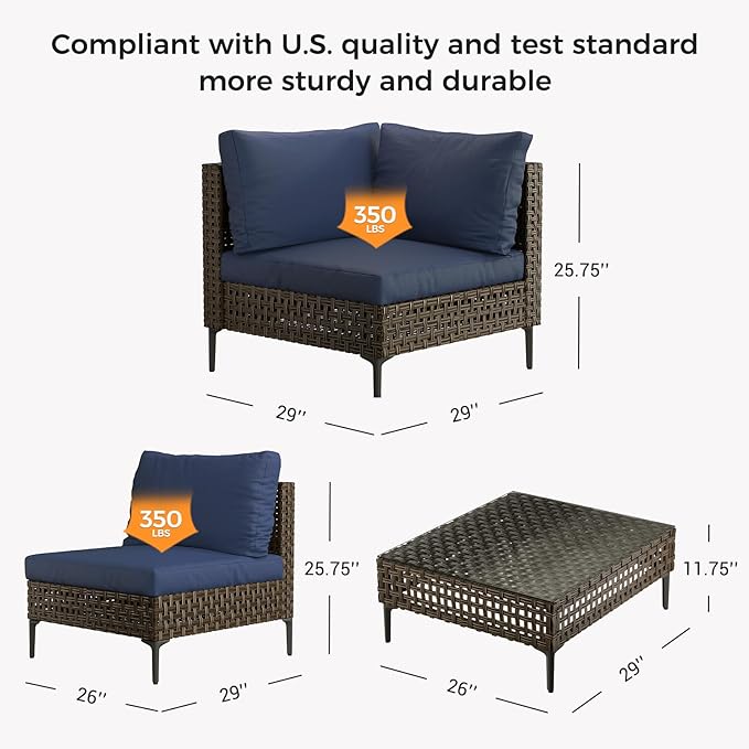 Grand patio 3-Piece Wicker Patio Furniture Set, Retro Outdoor Sectional Sofa with Water Resistant Blue Thick Cushions and Coffee Table, Brown GrandPatio