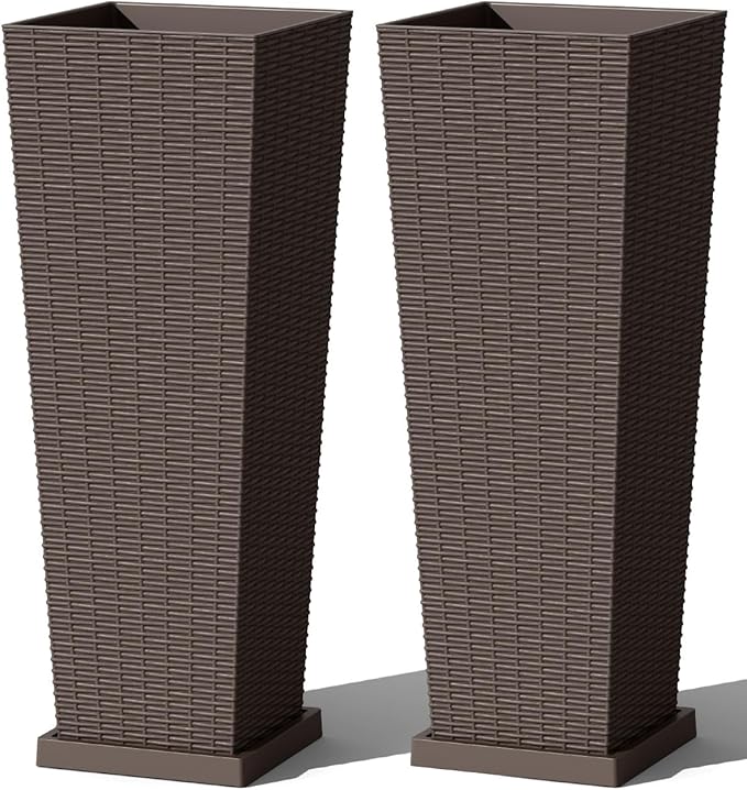 Greesum Set of 2 Tall Plastic Planters with Saucer, 32 Inch Large Pots with Drainage Trays, Weather-Resistant Plastic Plant Containers for Patio, Porch, Garden,Brown BuynowfromGreesum