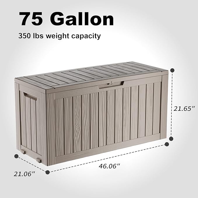 75 Gallon Waterproof Outdoor Storage Box,Resin Deck Box,Lockable Outside Storage Box Container for Patio Furniure,Garden,Pool Tools (75 Gallon,Grey) MAIUSCOLI