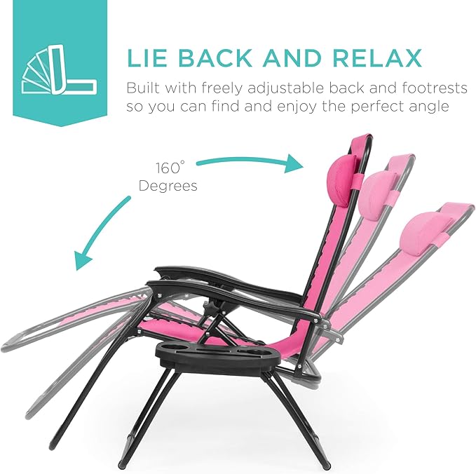 Best Choice Products Set of 2 Adjustable Steel Mesh Zero Gravity Lounge Chair Recliners w/Pillows and Cup Holder Trays - Pink BestChoiceProducts