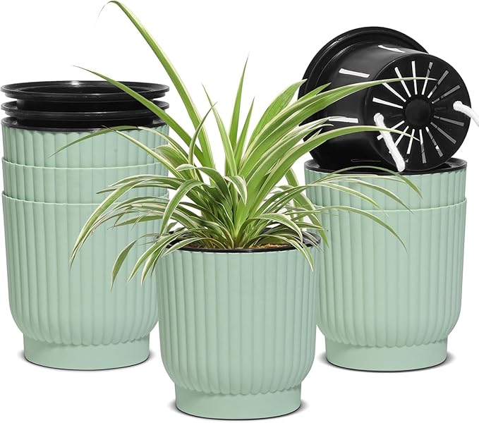 T4U 4.5 Inch Plant Pots Self Watering, 6 Pack African Violet Pots, Small Plant Pots for Plants, Small Indoor Plant Pot, Self Watering Planter for African Violet, Succulents (6 Pack 4.5" Pots, Green) T4U