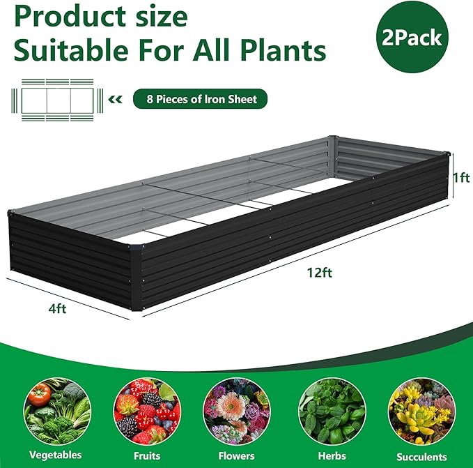 Vengarus 2 Pack 12x4x1FT Galvanized Raised Garden Bed Kit, Outdoor Metal Planter Box for Vegetables, Rectangular Steel Container, Easy Assembly (Black) Vengarus