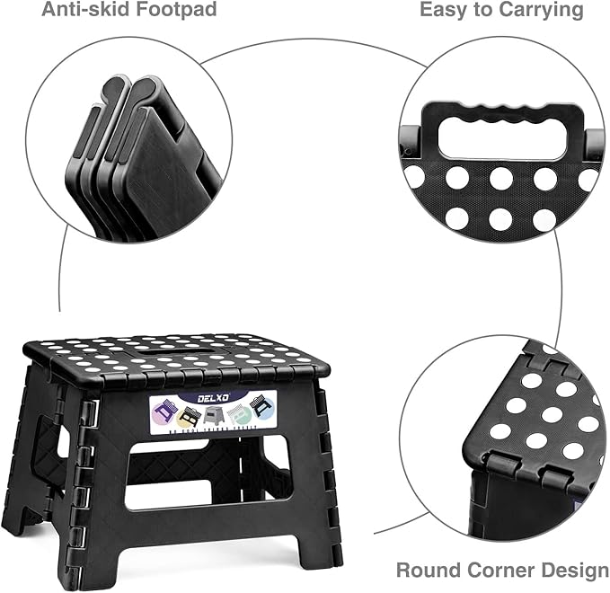 Delxo 9 Inch Folding Step Stool, Black Step Stools for Kids Foldable,Portable Collapsible Step Stool with Handle, Folding Stool for Kitchen Bathroom,Bedroom,Garden Delxo