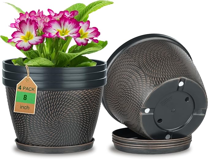Quarut 4 Pack 8 Inch Flower Pots for Outdoor Indoor, Plastic Plant Pots with Drainage Hole & Saucer, Lightweight Small Flower Pot, Circle Pattern Planters for Garden House planters（Brown） Quarut