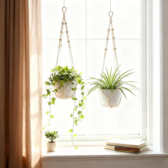 Macrame Plant Hanger, Up to 4-15 inch Pots, Wood Beads Cotton Hanging Planter Holder for Indoor Outdoor Boho Home Decor, 35 Inch, Set of 2 (Ivory) Rootora
