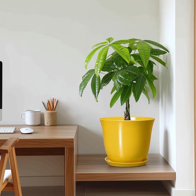 Ceramic Planter - 10 Inch Plant Pot for Indoor Outdoor, Round Flower Pots with Drainage Hole and Saucer, Large Plant Pot, Modern Planters, Home Room Decor, Gifts for Plants Lovers, Yellow SUNPOTFOR