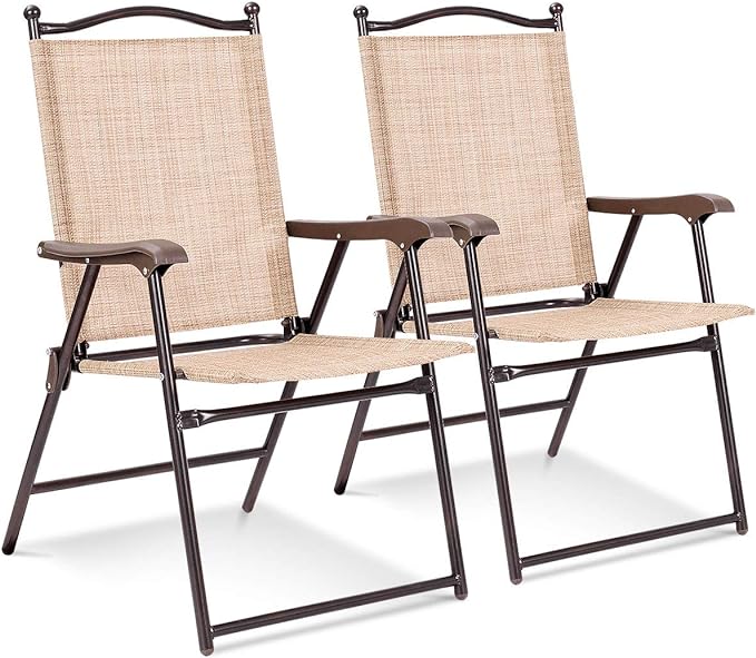 Giantex Set of 2 Patio Folding Chairs, Outdoor Patio Dining Chairs w/Armrest, Sling Back, Metal Frame, Outside Use for Lawn Camping Garden Pool Beach Yard Lounge, No Assembly, Yellow Giantex