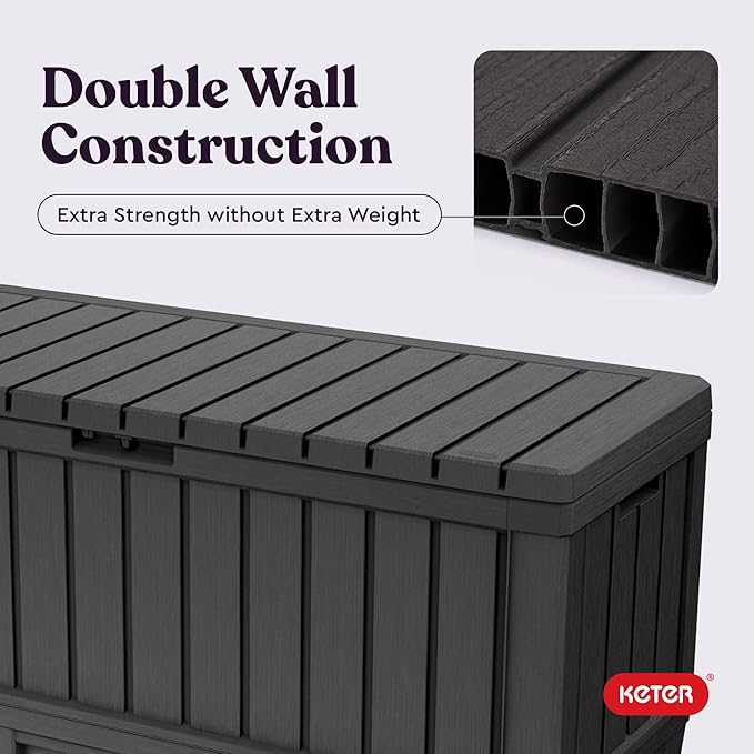 Keter Kentwood 92 Gallon Resin Deck Box-Organization and Storage for Patio Furniture Outdoor Cushions, Throw Pillows, Garden Tools and Pool Floats, Dark Grey Keter