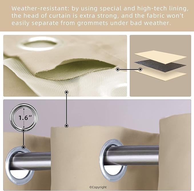 DIVA EN CAMINO DEC Outdoor Patio Curtain Waterproof Darkening Thermal Insulated Indoor Curtains for Bedroom, Porch, Living Room, Pergola, Cabana, W52 x L72, Beige, Set of 2 Panels DivaenCamino
