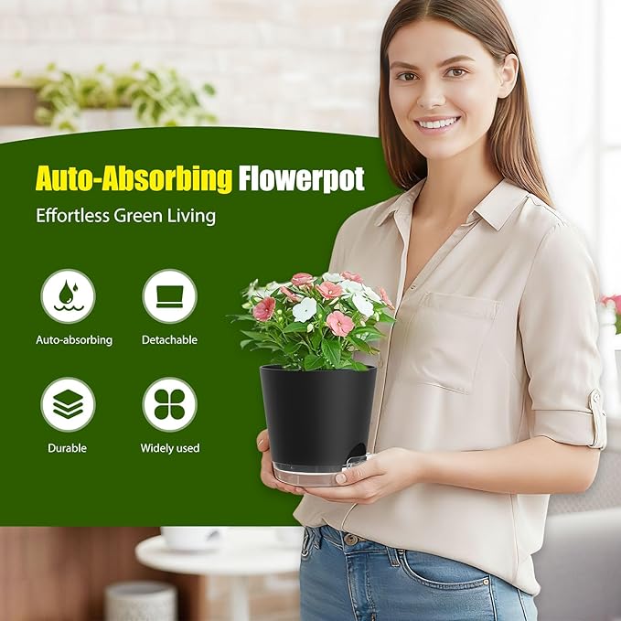 Plant Pots 7 Inch Self Watering Pots, 6 Pack Plastic Planters with Drainage Holes and Clear Saucers,Plastic Flower Pots for Indoor Out Door Plants (Black) SQKH