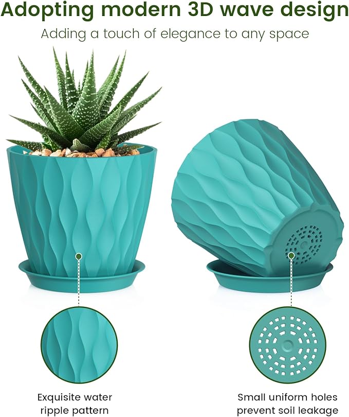 5 inch Plant Pots for Indoor Outdoor Plants, 6 Pack Flower Pots with Drainage Holes and Saucers, 3D Modern Wave Texture Small Plastic Planter Pots for Nursery and House Plants, Blue Green Meowell