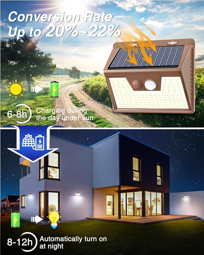 Peasur Solar Lights Outdoor Motion Sensor [1 Pack/140LED/Brown], Ultra-Bright 3 Mode Fence Security Light Waterproof, Solar Wall Lighting for Patio Yard Step House Outside Peasur