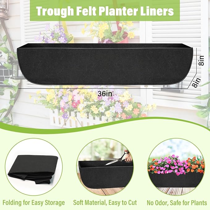 Riare 4 Pack 36 Inch Black Fabric Window Box Liners- Felt Square Trough Planter Basket Liners Replacement, Non-Woven Hanging Flower Plant Box Liner for Outdoor Plants Garden Fence- Avoid Birds Nesting Riare