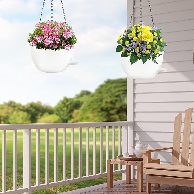 12 inch Hanging Planters for Indoor Plants, 2 Pack Self-Watering Hanging Planter Pots with Chain and Drainage Holes, Outdoor Plastic Hanging Baskets for Garden Home Decor (White, 2pcs/12inch) Rootora