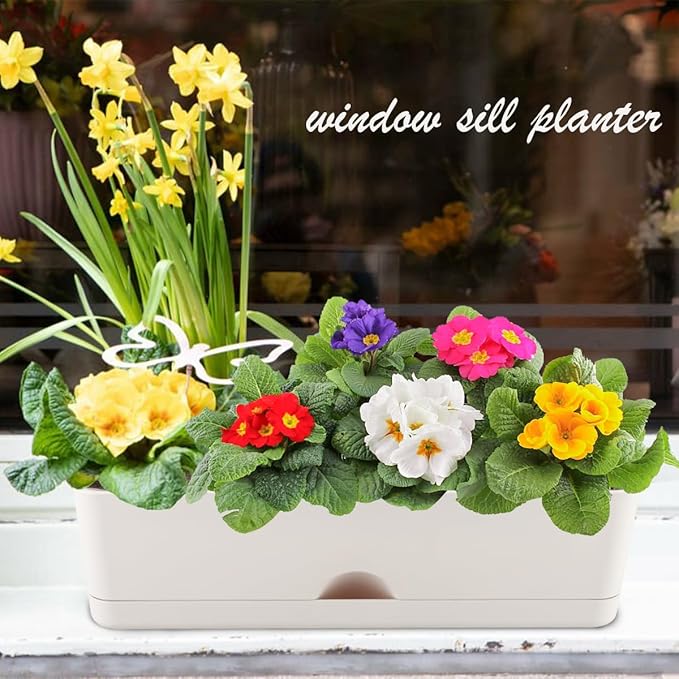 6 Pack Rectangle Planter 16x4.4 Inch Window Boxes Planters Rectangular Large Window Sill Planters Indoor Self Watering Plant Pots with Drainage Holes and Saucers Succulent Herb Flower Pots, Light Grey KvyusFlourish