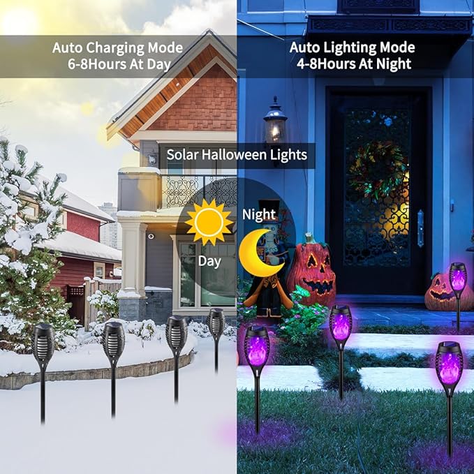 8Pack Halloween Decorations Outdoor, Halloween Solar Lights with Purple Flame for Yard Decor, Waterproof Solar Garden Lights for Outside Decor, LED Flame Torches for Pathway Yard Decorations Outdoor Kurifier