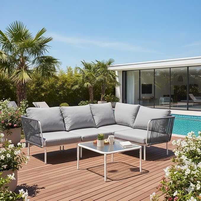 East Oak 5-Piece Outdoor Sectional Sofa, Modular Outdoor Furniture with Waterproof Thick Cushions, Modern Patio Sofa Deep Seating for Outdoor Garden Porch Blackyard, Misty Grey EASTOAK