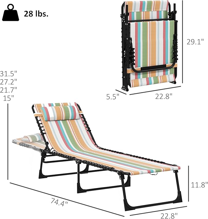 Outsunny Folding Chaise Lounge Chair Set of 2, Patio Sun Tanning Chair, Outdoor Chaise Lounger with 4-Position Reclining Back, Breathable Mesh Seat for Beach, Poolside, Rainbow Striped Outsunny