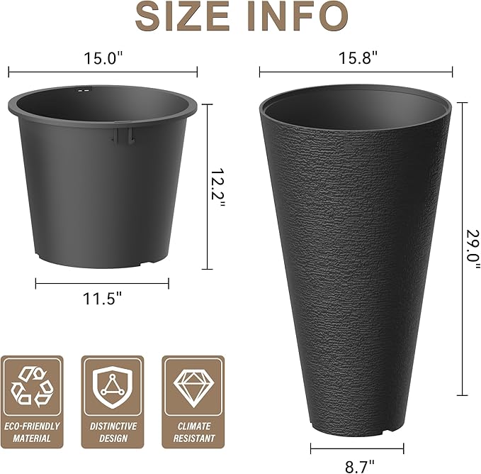 Kante Tall Round Planter Set of 2, 29" H Large Decorative Planter Pots for Outdoor Indoor Garden Patio Front Porch (Black) Kante