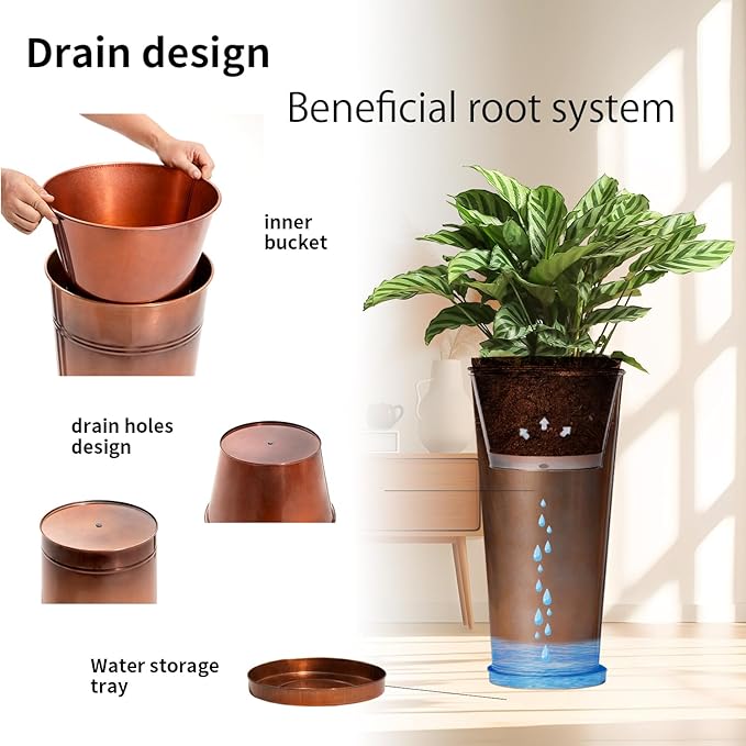 28in Tall Copper Planters Set of 2,Galvanized Steel Tall Outdoor Planter for Indoor/porches- Copper Color(2planters,2inner pots with Holes,2trays) Ultiteque
