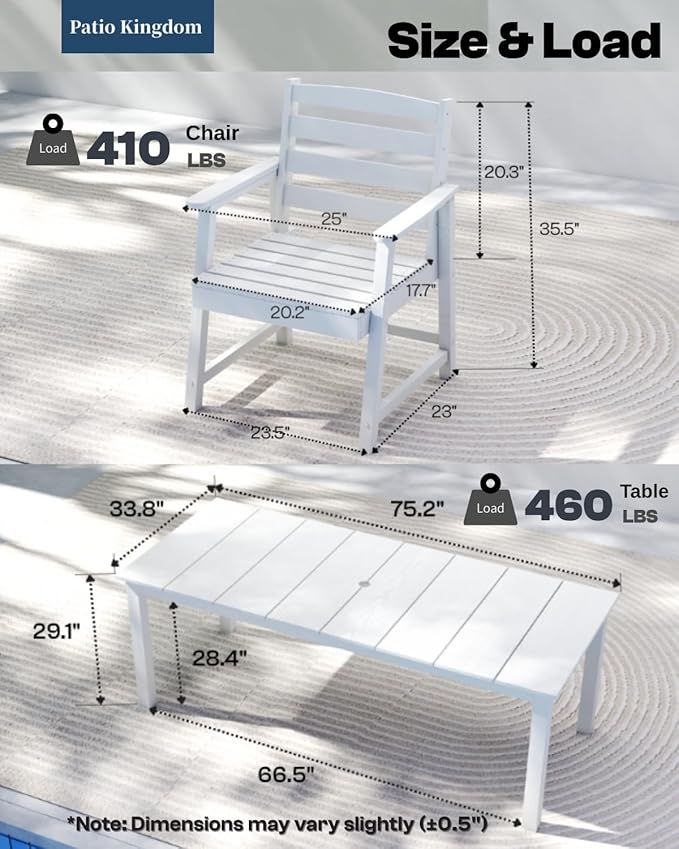 5-Piece White Outdoor Dining Set with White 15FT Large Patio Umbrella, 75.2'' HDPE Table & Chairs for 8, Weather-Resistant Furniture with Umbrella Hole for Patio, Lawn, Poolside PatioKingdom