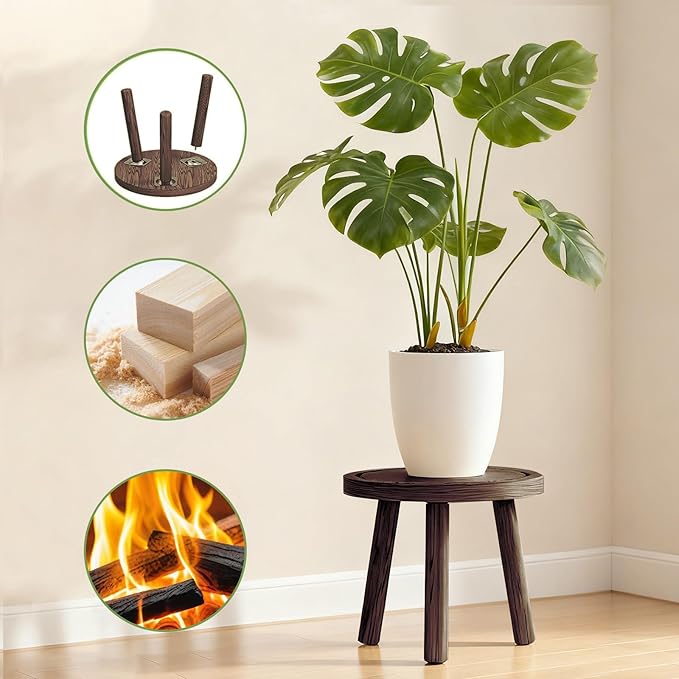 3 Pack Plant Stand Indoor Outdoor Mid-Century Modern Plant Stool Wooden Plant Pot Holder Home Decor for Gardening Living Room,Balcony,Office (Heavy Burnt Color, 3 Pack) Rootora