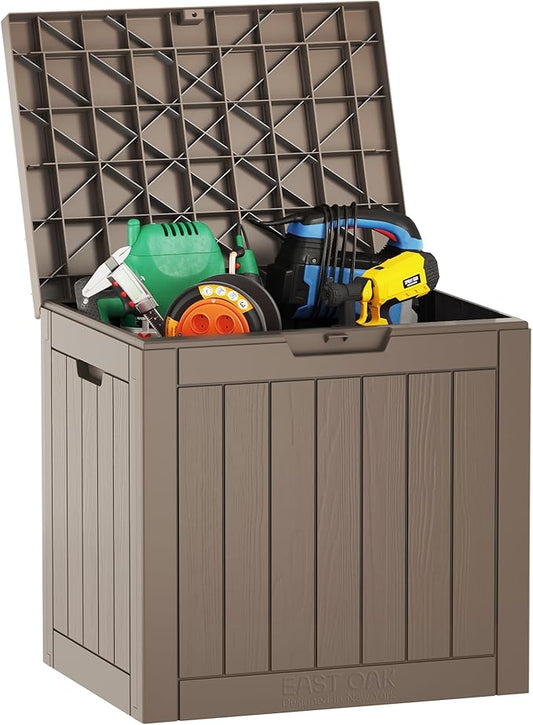 EAST OAK Outdoor Storage Box, 31 Gallon Deck Box, Waterproof Resin Storage Bin for Patio Cushions, Gardening Tools, Accessories, Lockable, UV Resistant, Brown EASTOAK