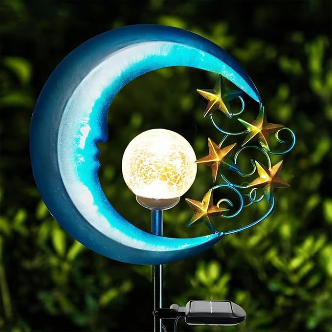 Stars Moon Solar Lights Outdoor - Solar Powered Garden Lights Decorative Crackle Glass Globe Led Waterproof Landscape Lighting for Pathway,Yard,Lawn,Patio SunsGiftNighttimeBliss