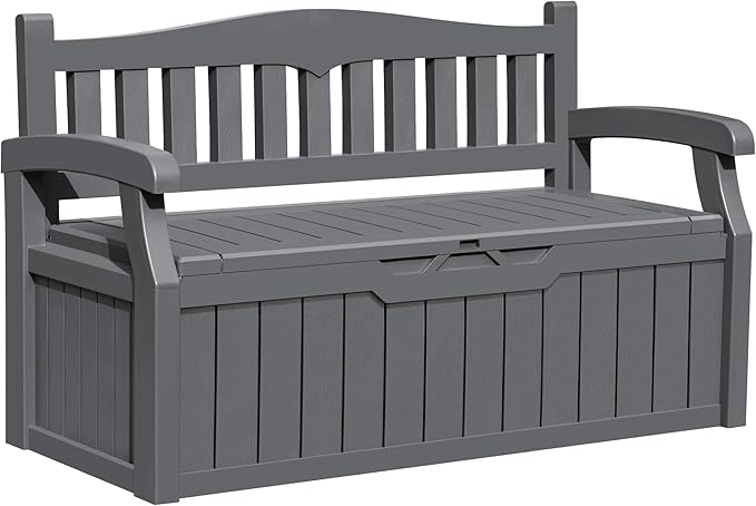 Greesum 80 Gallon Outdoor Storage Bench, Resin Patio Furniture with Armrest,Waterproof and UV-Resistant, Perfect to Garden, Poolside and Lawn, Dark Grey BuynowfromGreesum