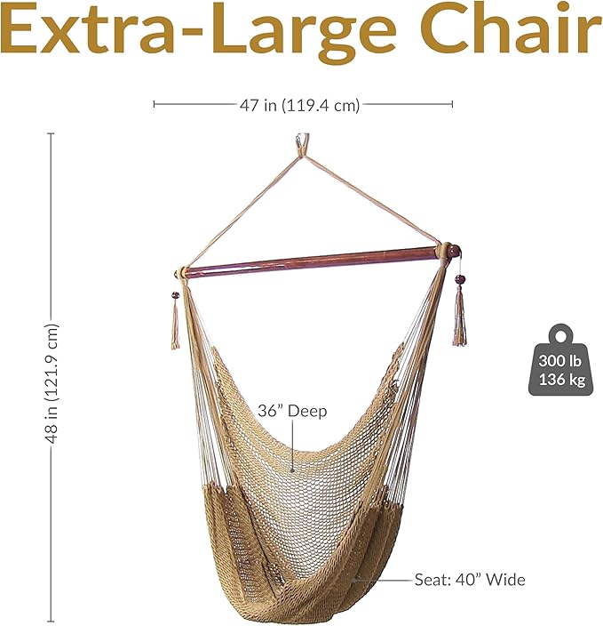 Sunnydaze Outdoor Hammock Chair Swing - Hanging Hammock Swing - Hanging Reading Chair - Soft-Spun Polyester Rope - Caribbean XL - Tan SunnydazeDecor